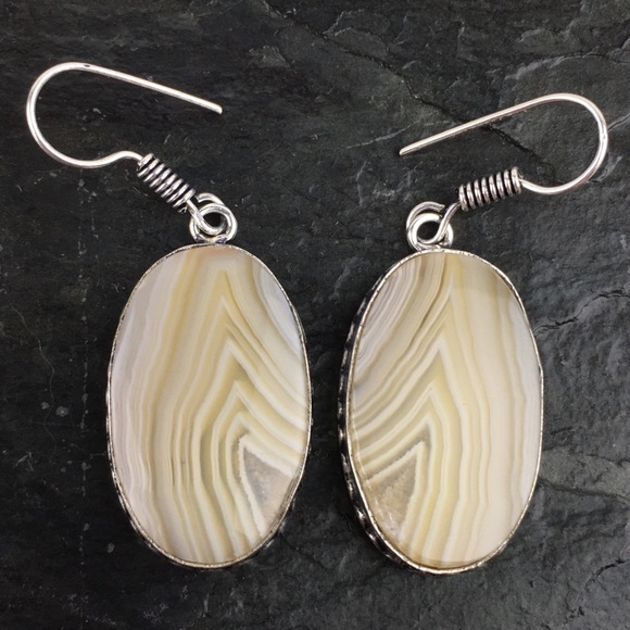New Striped Agate Stone Silver Hook Dangle Earrings - Picture 2 of 7